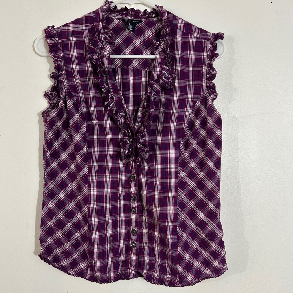Tommy Hilfiger Women's M Purple Plaid Sleeveless Ruffle Button Down Top Blouse